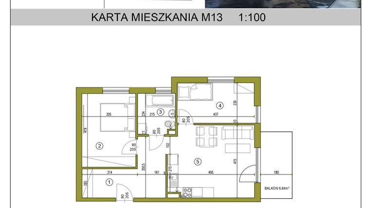 Rzut - Mieszkanie na sprzedaż 3 pokoje o powierzchni 58,66 m² - numer M13 w Kameralna Golikówka