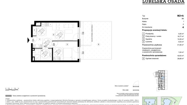 Rzut - Mieszkanie na sprzedaż 2 pokoje o powierzchni 41,59 m² - numer B6.4 w Lubelska Osada budynek B6
