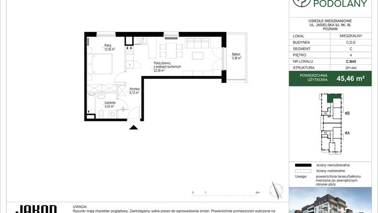 Rzut - Mieszkanie na sprzedaż 2 pokoje o powierzchni 45,35 m² - numer C.B45 w Sielskie Podolany II