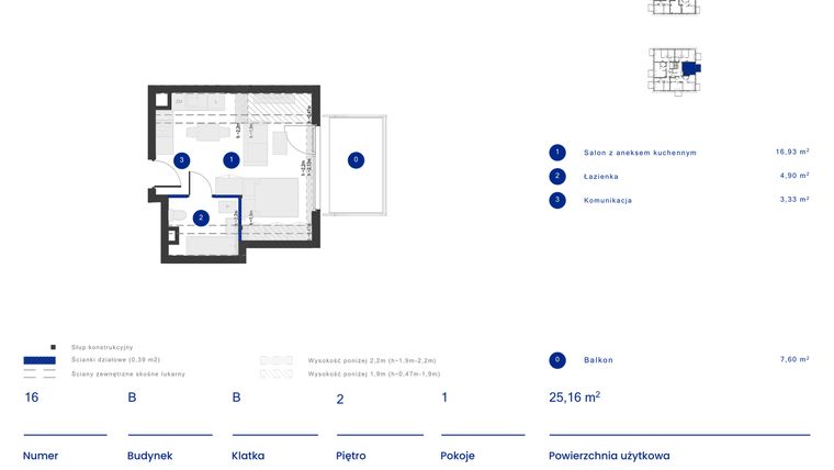Rzut - Mieszkanie na sprzedaż 1 pokój o powierzchni 25,16 m² - numer B.16 w Osiedle Inverso