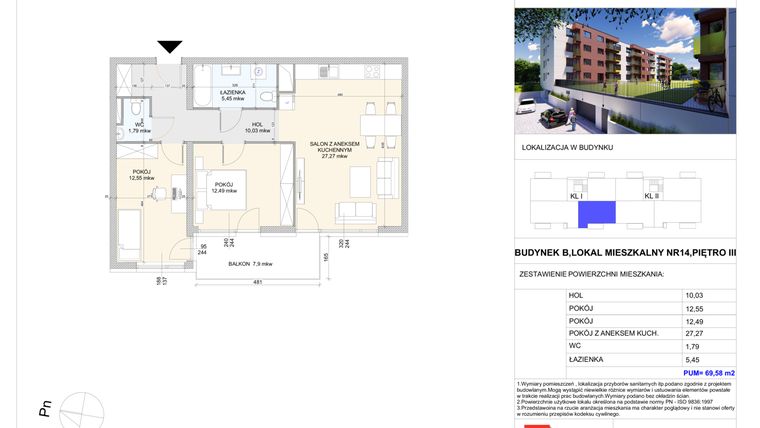 Rzut - Mieszkanie na sprzedaż 3 pokoje o powierzchni 69,58 m² - numer B.14 w Wólczańska 248 - etap II