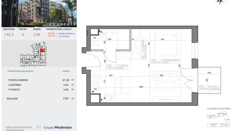 Rzut - Mieszkanie na sprzedaż 1 pokój o powierzchni 35,18 m² - numer I-C39 w Industria etap I-D oraz I-C