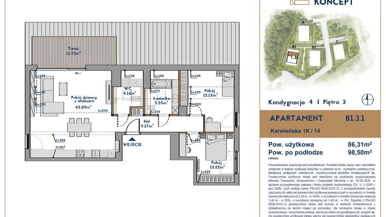 Rzut - Mieszkanie na sprzedaż 3 pokoje o powierzchni 86,31 m² - numer B1.3.1 w Oliva Koncept II