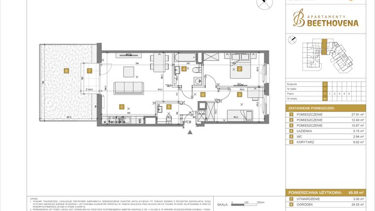 Rzut - Mieszkanie na sprzedaż 1 pokój o powierzchni 65,89 m² - numer C6 w Apartamenty Beethovena etap 2 - apartamenty inwestycyjne