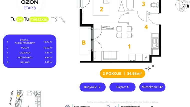 Rzut - Mieszkanie na sprzedaż 2 pokoje o powierzchni 34,93 m² - numer 2.37 w Osiedle Ozon etap VIII