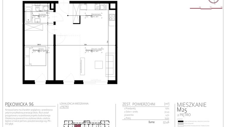 Rzut - Mieszkanie na sprzedaż 2 pokoje o powierzchni 57,46 m² - numer 25 w Pękowicka 96