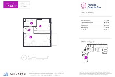 Rzut - Mieszkanie na sprzedaż 2 pokoje o powierzchni 43,78 m² - numer 2.A.2.02 w Murapol Osiedle Filo etap II