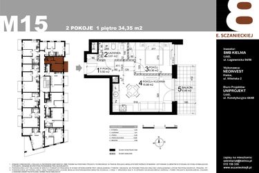 Rzut - Mieszkanie na sprzedaż 2 pokoje o powierzchni 34,35 m² - numer M15 w Sczanieckiej 8