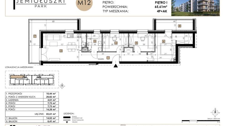 Rzut - Mieszkanie na sprzedaż 4 pokoje o powierzchni 65,61 m² - numer M12 w Jemiołuszki Park