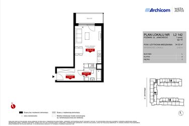 Rzut - Mieszkanie na sprzedaż 1 pokój o powierzchni 34,32 m² - numer L2.142 w Wieża Jeżyce etap VI