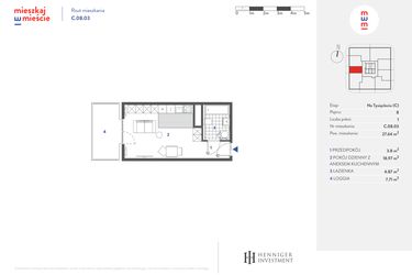 Rzut - Mieszkanie na sprzedaż 1 pokój o powierzchni 27,63 m² - numer C.08.03 w Mieszkaj w mieście - Na Tysiącleciu budynek C