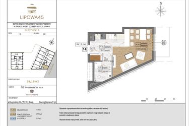 Rzut - Mieszkanie na sprzedaż 1 pokój o powierzchni 29,15 m² - numer A14 w Lipowa 45