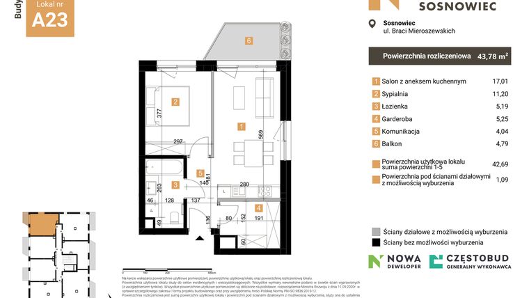 Rzut - Mieszkanie na sprzedaż 2 pokoje o powierzchni 43,78 m² - numer A23 w Nowy Sosnowiec