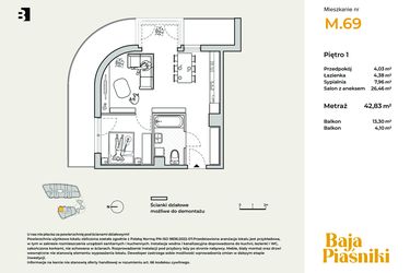 Rzut - Mieszkanie na sprzedaż 2 pokoje o powierzchni 42,93 m² - numer M69 w Baja Piaśniki