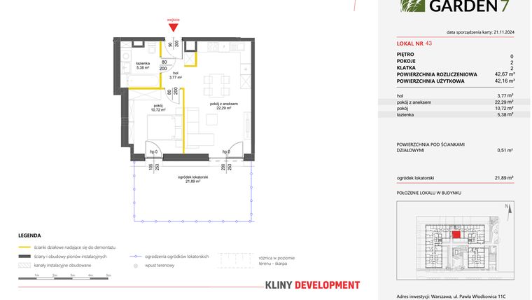Rzut - Mieszkanie na sprzedaż 2 pokoje o powierzchni 42,67 m² - numer 43 w Nova Viva Garden 7