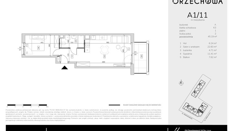 Rzut - Mieszkanie na sprzedaż 2 pokoje o powierzchni 45,19 m² - numer A1-11 w Orzechowa 2