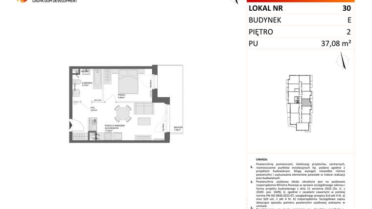 Rzut - Mieszkanie na sprzedaż 2 pokoje o powierzchni 37,08 m² - numer E.30 w Osiedle Synteza etap IV