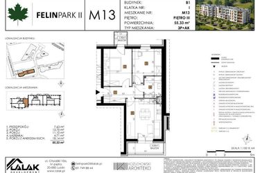 Rzut - Mieszkanie na sprzedaż 3 pokoje o powierzchni 55,33 m² - numer B1.M13 w Felin Park II