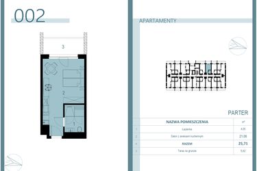 Rzut - Mieszkanie na sprzedaż 1 pokój o powierzchni 25,71 m² - numer 002 w Linea Mare Mrzeżyno