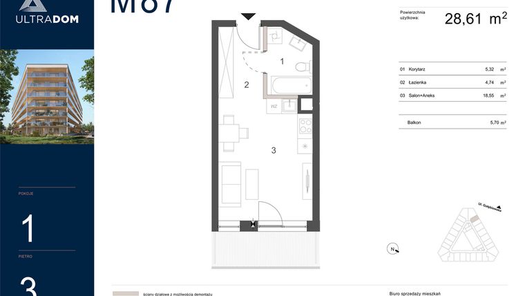 Rzut - Mieszkanie na sprzedaż 1 pokój o powierzchni 28,61 m² - numer M087 w Ultradom