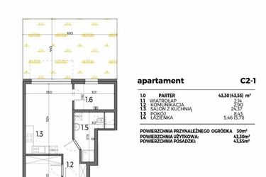 Rzut - Mieszkanie na sprzedaż 3 pokoje o powierzchni 43,3 m² - numer C2-1 w Aleja Miodowa