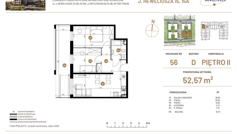 Rzut - Mieszkanie na sprzedaż 3 pokoje o powierzchni 52,57 m² - numer JAR-IV-D-LM-M56 w Osiedle JAR Heweliusza etap IV