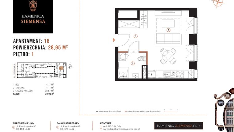Rzut - Mieszkanie na sprzedaż 1 pokój o powierzchni 28,95 m² - numer 18 w Kamienica Siemensa