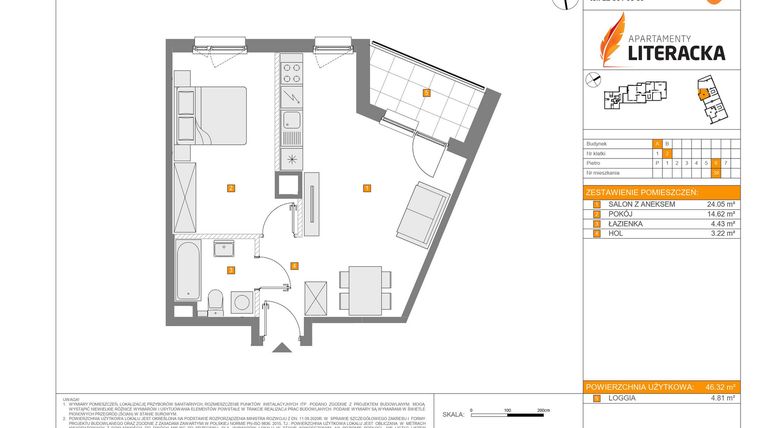 Rzut - Mieszkanie na sprzedaż 2 pokoje o powierzchni 46,32 m² - numer A.38 w Apartamenty Literacka
