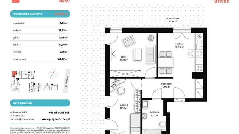 Rzut - Mieszkanie na sprzedaż 3 pokoje o powierzchni 51,96 m² - numer M IV.0.6 w Glogera Bricks