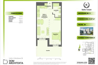 Rzut - Mieszkanie na sprzedaż 2 pokoje o powierzchni 45,87 m² - numer 00.M.11 w Dom Architekta