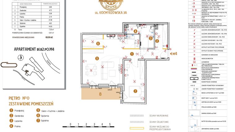 Rzut - Mieszkanie na sprzedaż 2 pokoje o powierzchni 69,36 m² - numer B1.B2.P0.M4 w Faktoria Młyn