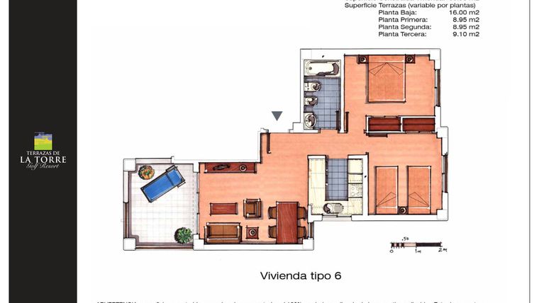 Rzut - Mieszkanie na sprzedaż 2 pokoje o powierzchni 60 m² - numer 6 w Las Terrazas de la Torre
