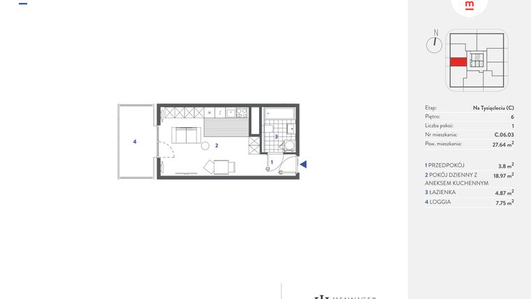 Rzut - Mieszkanie na sprzedaż 1 pokój o powierzchni 27,71 m² - numer C.06.03 w Mieszkaj w mieście - Na Tysiącleciu budynek C
