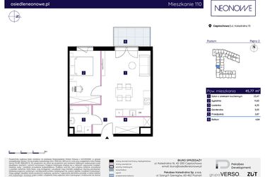Rzut - Mieszkanie na sprzedaż 2 pokoje o powierzchni 45,77 m² - numer 15/110 w Osiedle Neonowe