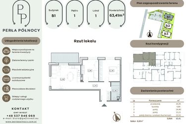 Rzut - Mieszkanie na sprzedaż 3 pokoje o powierzchni 63,41 m² - numer B1.1_1 w Perła Północy etap 2