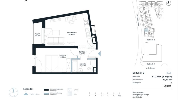 Rzut - Mieszkanie na sprzedaż 2 pokoje o powierzchni 43,7 m² - numer B1.2.M29 w EMaya