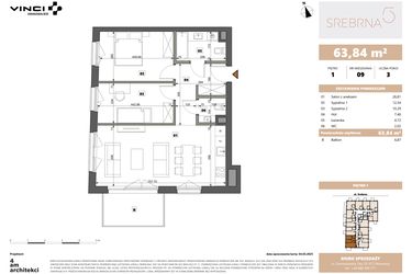 Rzut - Mieszkanie na sprzedaż 3 pokoje o powierzchni 63,84 m² - numer 9 w Srebrna 5