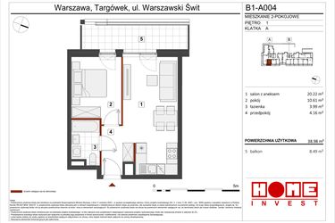 Rzut - Mieszkanie na sprzedaż 2 pokoje o powierzchni 38,98 m² - numer B1-A004 w Warszawski Świt etap VIII