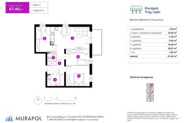Rzut - Mieszkanie na sprzedaż 4 pokoje o powierzchni 67,82 m² - numer 3.A.1.09 w Murapol Trzy Lipki etap II