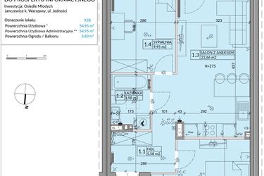 Rzut - Mieszkanie na sprzedaż 3 pokoje o powierzchni 54,95 m² - numer 92B w Osiedle Młodych etap VI