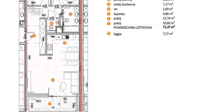 Rzut - Mieszkanie na sprzedaż 3 pokoje o powierzchni 71,37 m² - numer SII.C_1.2 w Apartamenty nad Sołą