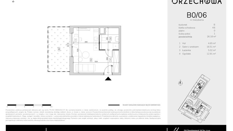 Rzut - Mieszkanie na sprzedaż 1 pokój o powierzchni 26,18 m² - numer B0-06 w Orzechowa 2
