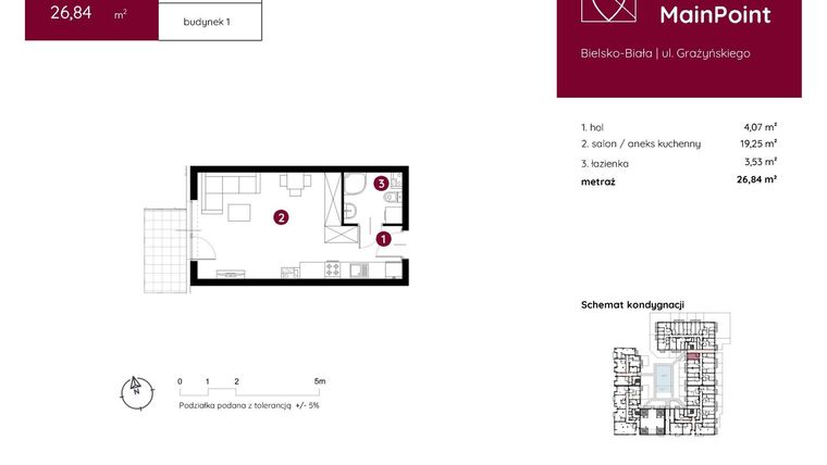 Rzut - Mieszkanie na sprzedaż 1 pokój o powierzchni 26,84 m² - numer 1.A.0.17 w Murapol MainPoint