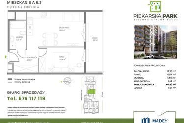 Rzut - Mieszkanie na sprzedaż 2 pokoje o powierzchni 40,43 m² - numer A6.3 w Piekarska Park