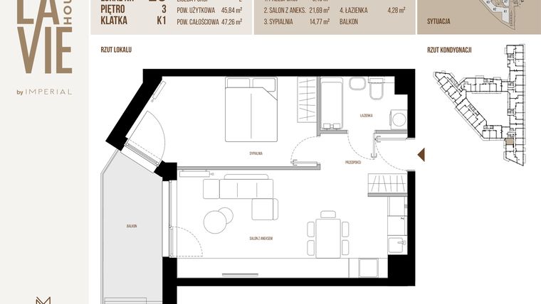 Rzut - Mieszkanie na sprzedaż 2 pokoje o powierzchni 45,84 m² - numer 26 w La Vie House