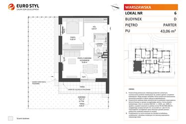 Rzut - Mieszkanie na sprzedaż 2 pokoje o powierzchni 43,06 m² - numer D.6 w Osiedle Warszawska etap II