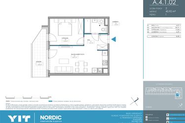 Rzut - Mieszkanie na sprzedaż 2 pokoje o powierzchni 40,9 m² - numer 1.4.1.02 w Nordic Powstańców Śląskich