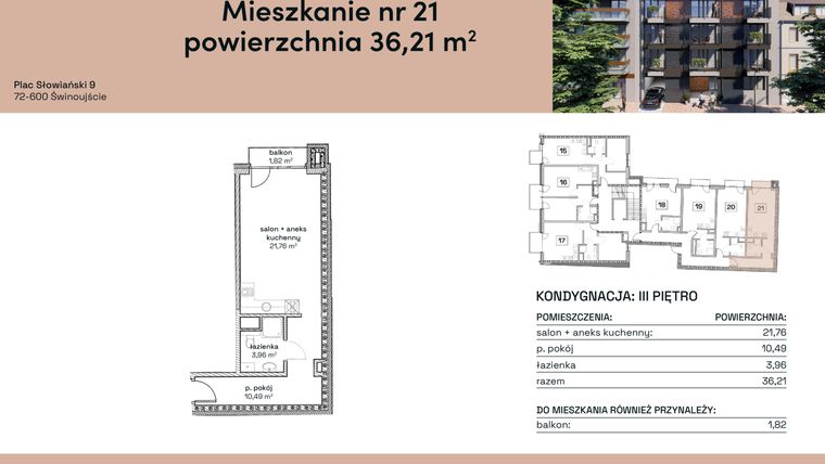 Rzut - Mieszkanie na sprzedaż 1 pokój o powierzchni 36,21 m² - numer M21 w Plac Słowiański 9