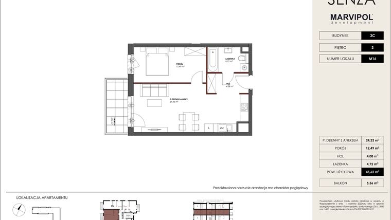 Rzut - Mieszkanie na sprzedaż 2 pokoje o powierzchni 45,62 m² - numer C.M16 w Osiedle Senza