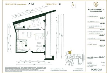 Rzut - Mieszkanie na sprzedaż 4 pokoje o powierzchni 78,65 m² - numer A/3/11 w Bernardyńska 4